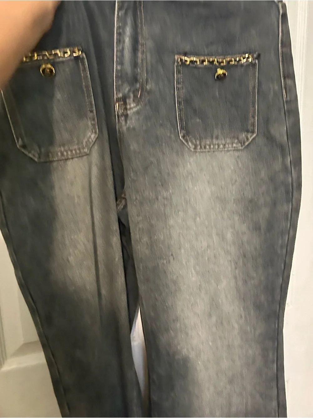 CHANEL Dark Blue Denim Jeans with Gold Chain Trim